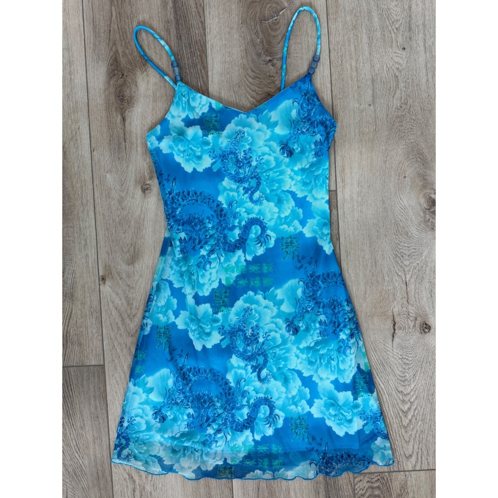 90's Small sleeveless dragon Asian print mini dress blue lettuce hem